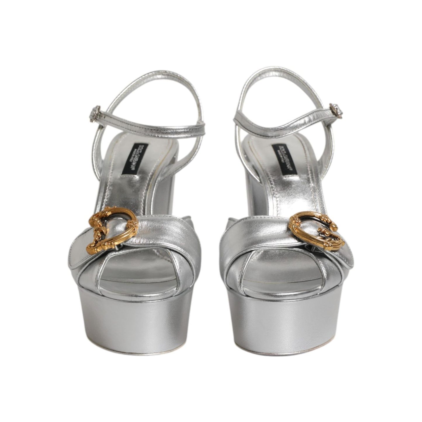 Dolce & Gabbana Silver Logo Ankle Strap Heels Sandals Shoes