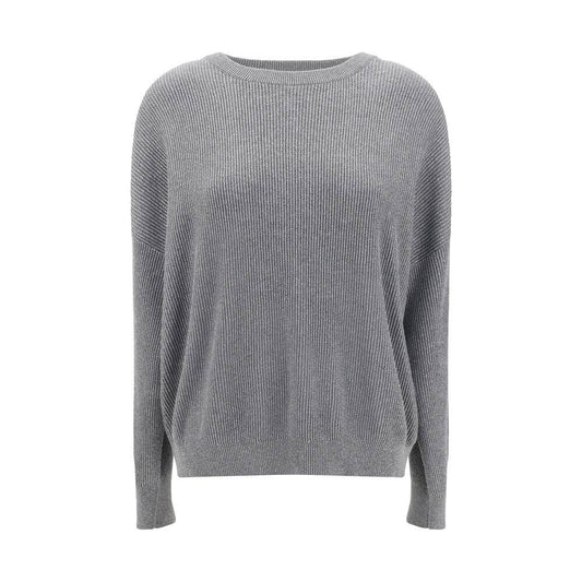 Brunello Cucinelli Gray Cotton Sweatshirt with ribbed crew neck and silver-thread details, elegant for AW25 season.