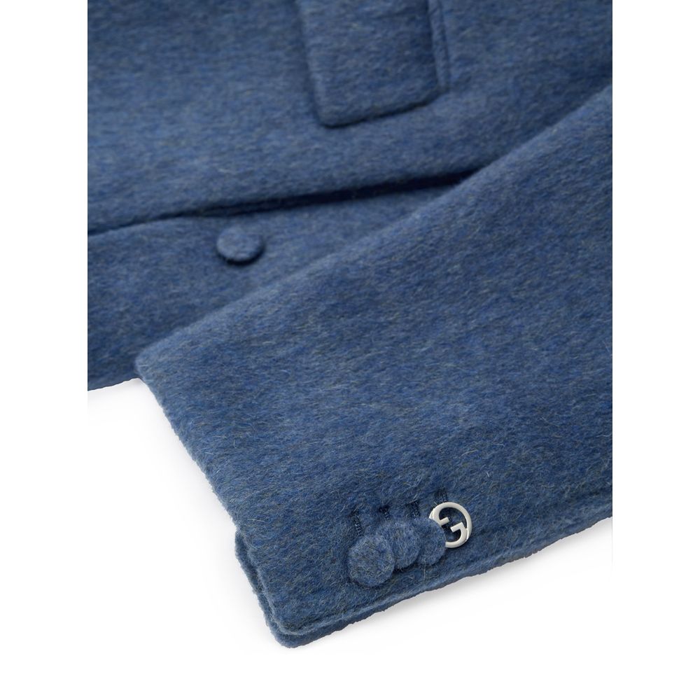 Gucci Light Blue Wool Jackets & Coat with button detail and logo, semi-Korean collar, and flap pockets on premium wool blend fabric.