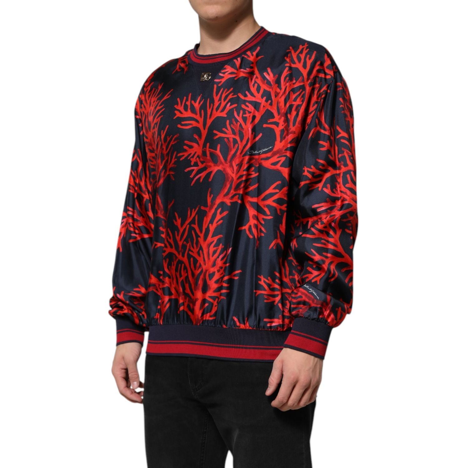 Dolce & Gabbana Navy Red Silk Coral Print Pullover Sweater