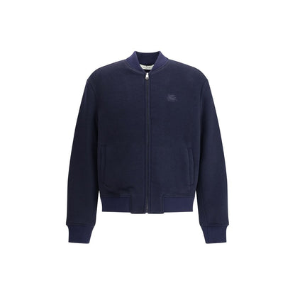 Etro Blue Wool Bomber with ribbed collar and cuffs, front zipper, and iconic embroidered Pegasus, combining tradition with contemporary style.