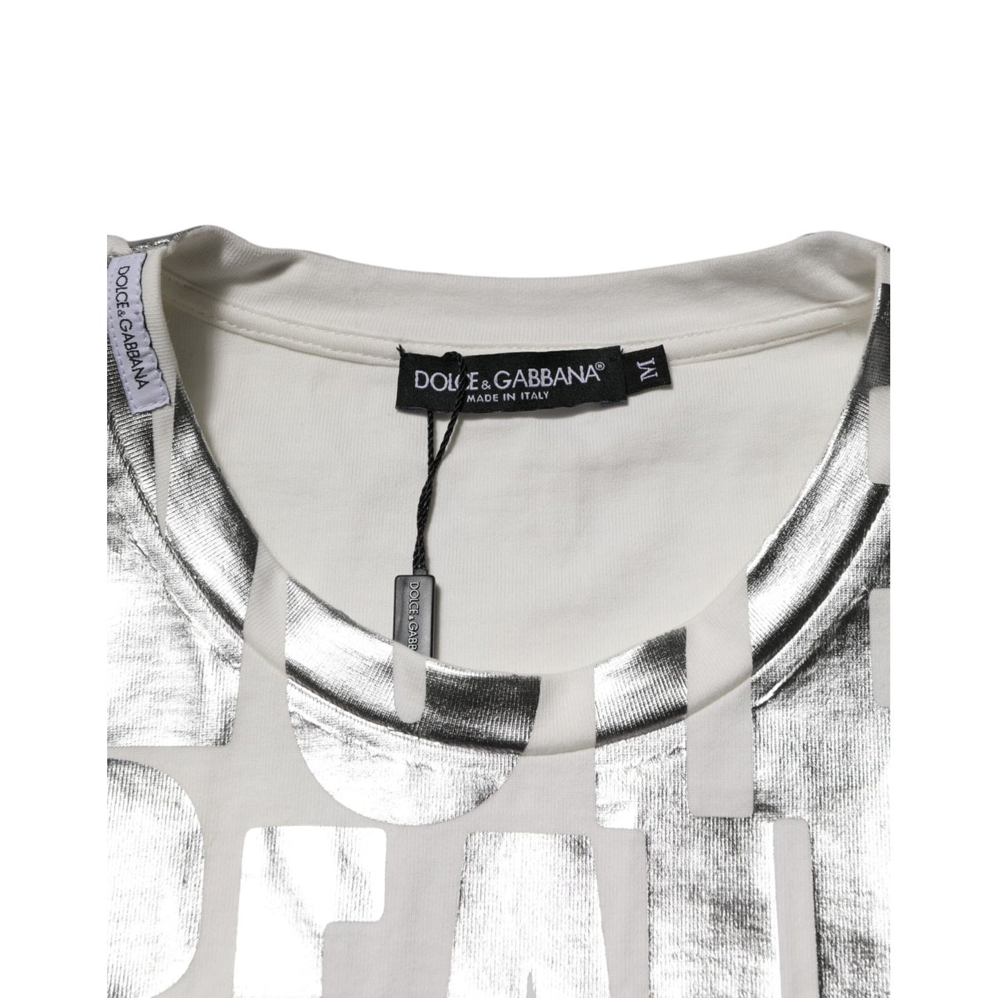 Dolce & Gabbana White Cotton Silver Metallic Slogan Print T-shirt