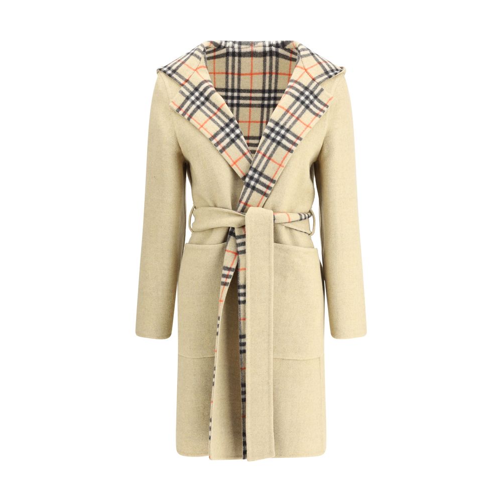 Burberry Beige Wool Coat with reversible design, featuring iconic Burberry Check pattern on the inner side and solid color exterior.