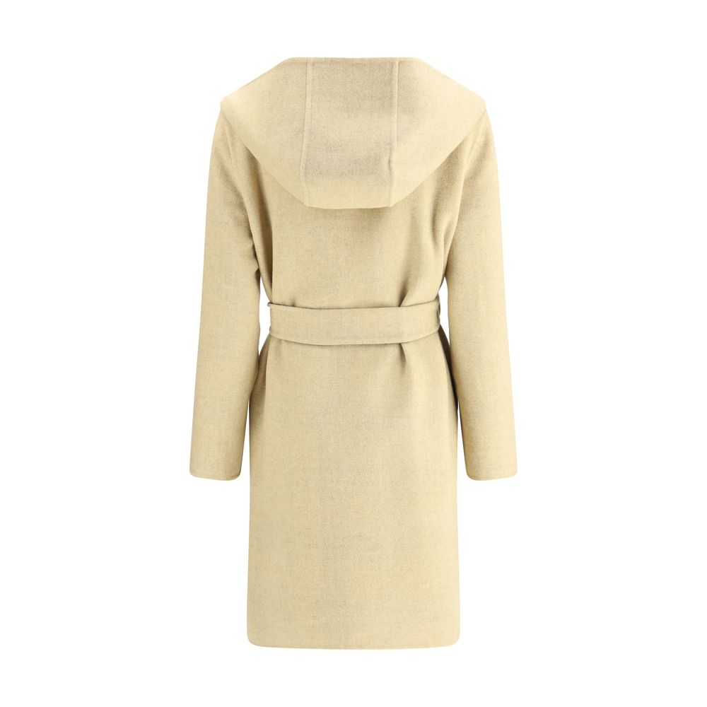 Burberry Beige Wool Coat with hood and detachable belt, showcasing rear view of the reversible robe coat with iconic check pattern.