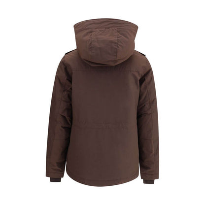 Woolrich Brown Cotton Full-Length Jacket featuring a padded hooded design, double-slider zipper, and flap welt pockets for optimal warmth and style.