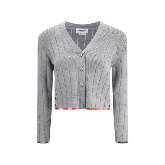 Thom Browne Gray Fleece Wool Cardigan with ribbed design, button closure, and signature colored band accents on hem and cuffs.