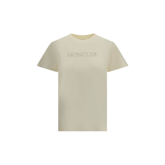 Moncler Cream Cotton T-Shirt with embroidered monogram, ribbed crew neck, versatile style, 100% cotton, made in Italy.