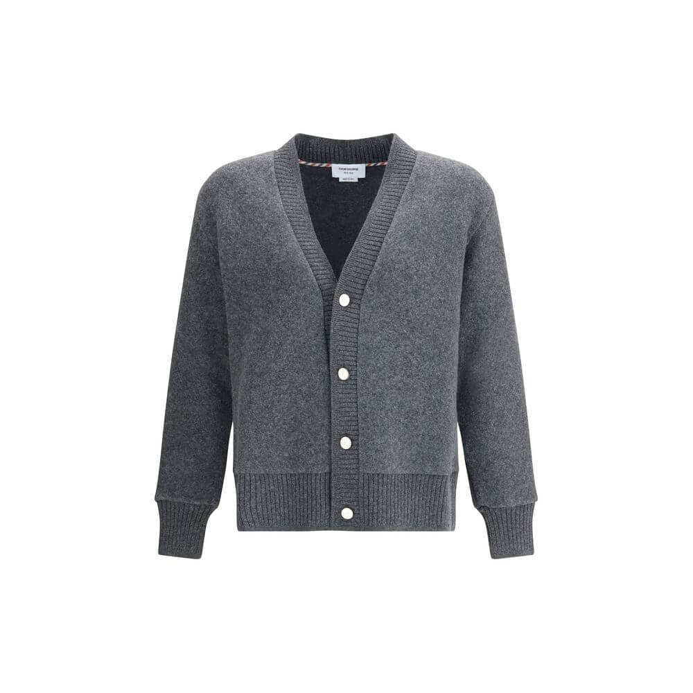 Thom Browne Gray Wool Cardigan with v-neck and button closure, ribbed cuffs and hem, made in Italy from 100% wool, ideal for elegant outfits.