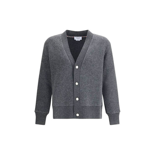 Thom Browne Gray Wool Cardigan with v-neck and button closure, ribbed cuffs, and hem, ideal for adding sophistication to any wardrobe.