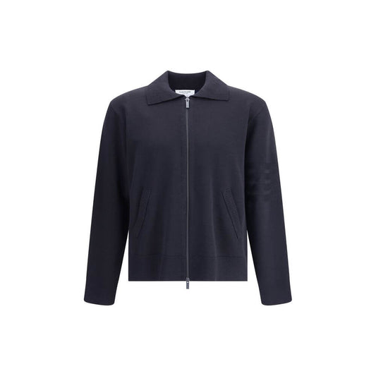Thom Browne Blue Fleece Wool Cardigan with front zipper, ribbed cuffs, and iconic sleeve band for stylish elegance.
