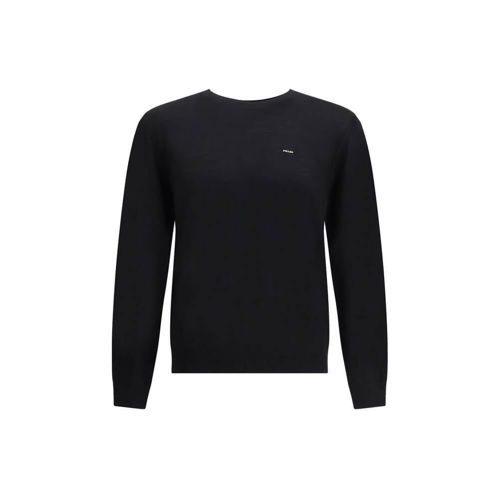 Prada Black Fleece Wool Sweatshirt with embroidered logo, ribbed crew neck, cuffs, and hem for a refined and contemporary style.