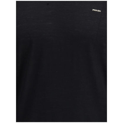 Prada Black Fleece Wool Sweatshirt with embroidered logo, ribbed crew neck, cuffs, and hem, offering a refined, contemporary style.