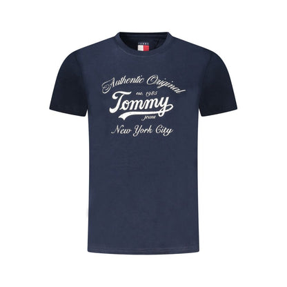 Tommy Hilfiger Blue Cotton Women T-Shirt with logo print, crew neck, and short sleeves, made from cotton and recycled viscose.