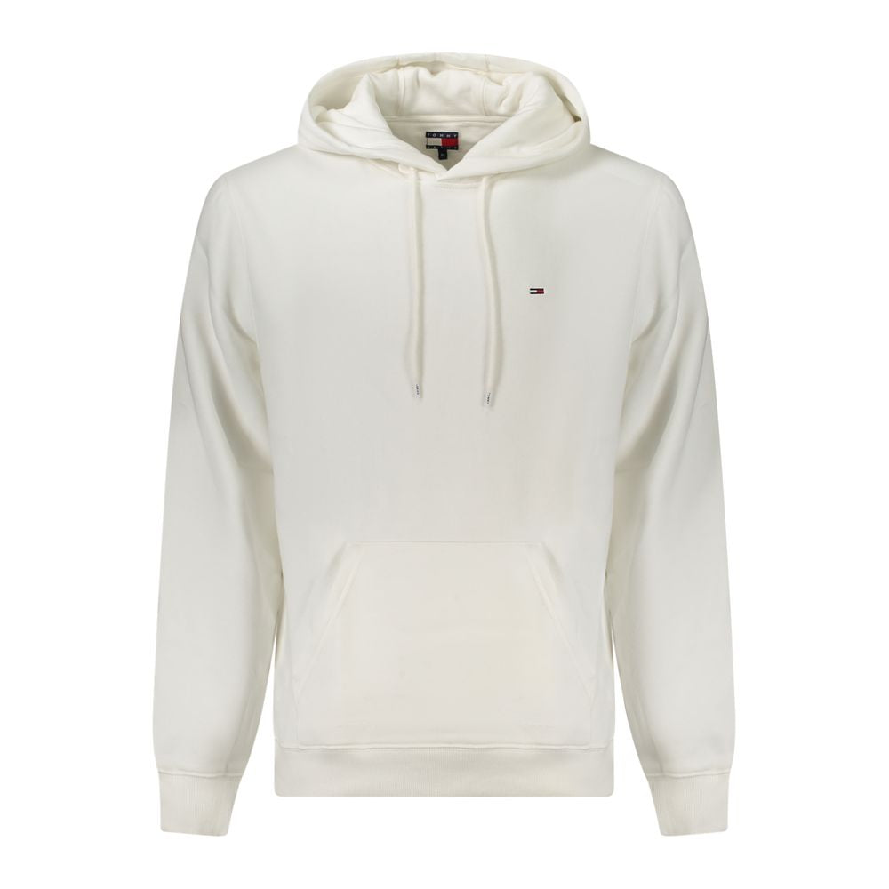 Tommy Hilfiger White Cotton Men Sweater with embroidered logo and central pocket, long-sleeved hoodie for stylish and comfortable wear.