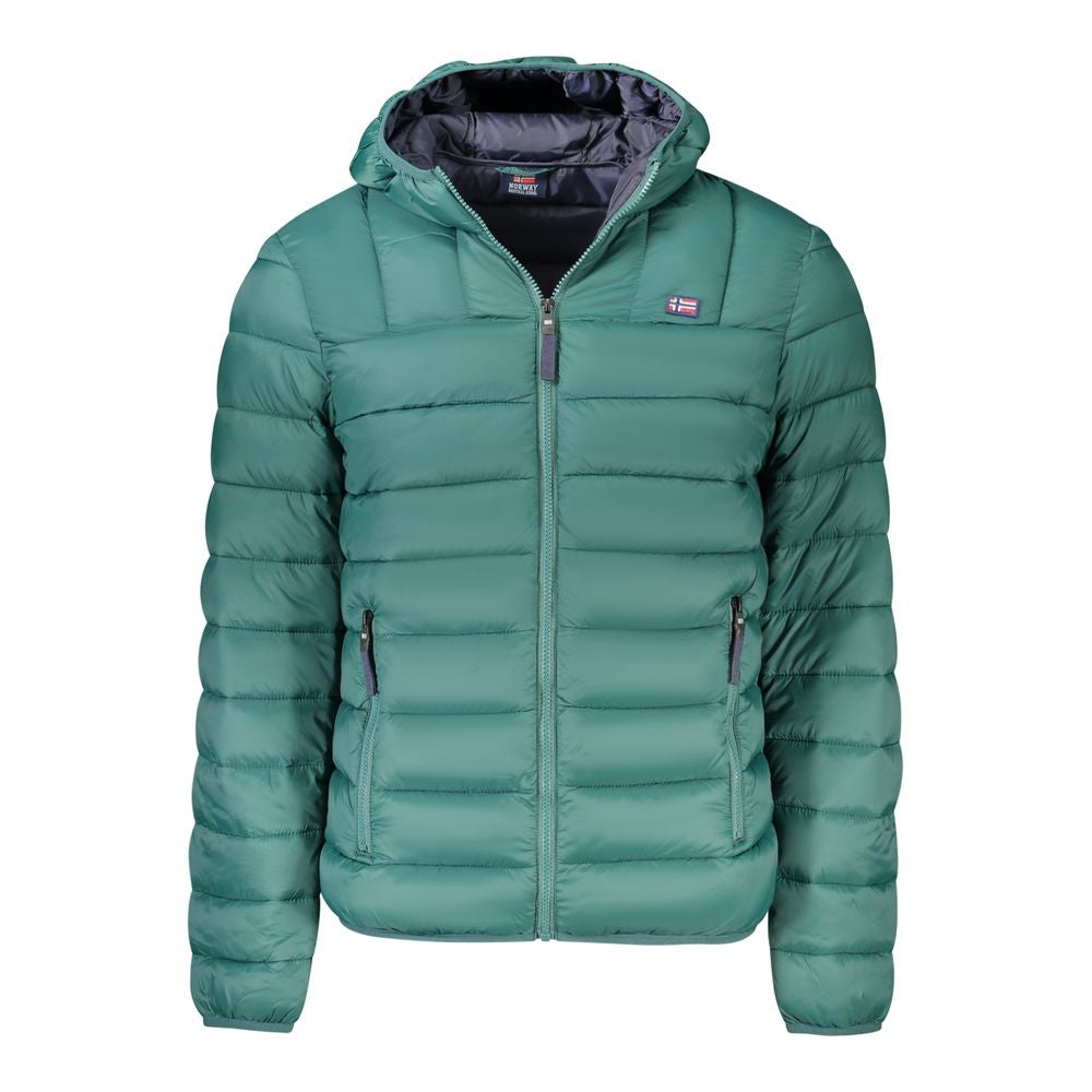 Norway 1963 Green Polyamide Men Jacket with hood and zip front, featuring blue accents and applique logo.