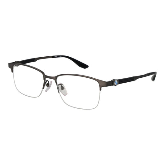 BMW Gray Men Glasses Frame in gunmetal titanium half-rim style with plastic demo lenses, size 54-18-145, includes branded case.