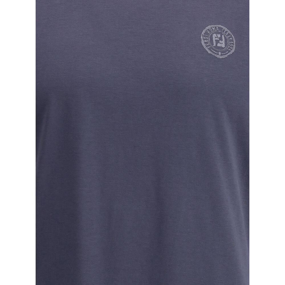 Fendi Blue Cotton T-Shirt with ribbed crew neck and iconic logo on chest, made from soft cotton for AW25. Regular fit, Made in Italy.