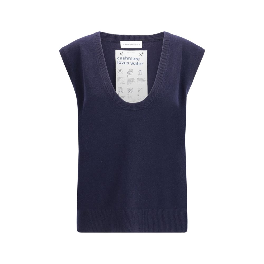 Extreme Cashmere Blue Cashmere Sleeveless Sweater with deep ribbed neckline