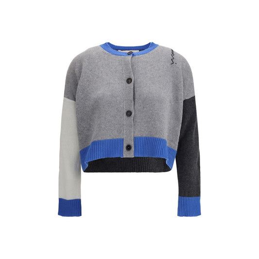 Marni Gray Cashmere Cardigan with decorative stitching, ribbed neck, cuffs, hem, and button closure, AW25 season.