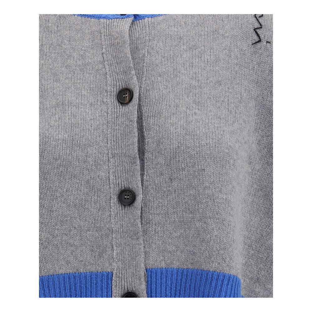 Front view of Marni Gray Cashmere Cardigan featuring decorative stitching and ribbed details, highlighting button closure and contemporary design.