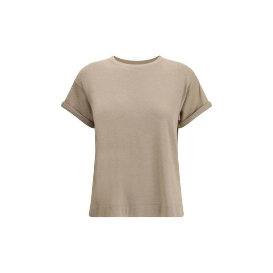 Brunello Cucinelli Beige Nylon T-Shirt with ribbed crew neck and delicate glitter effect, elegant cashmere blend for casual luxury.