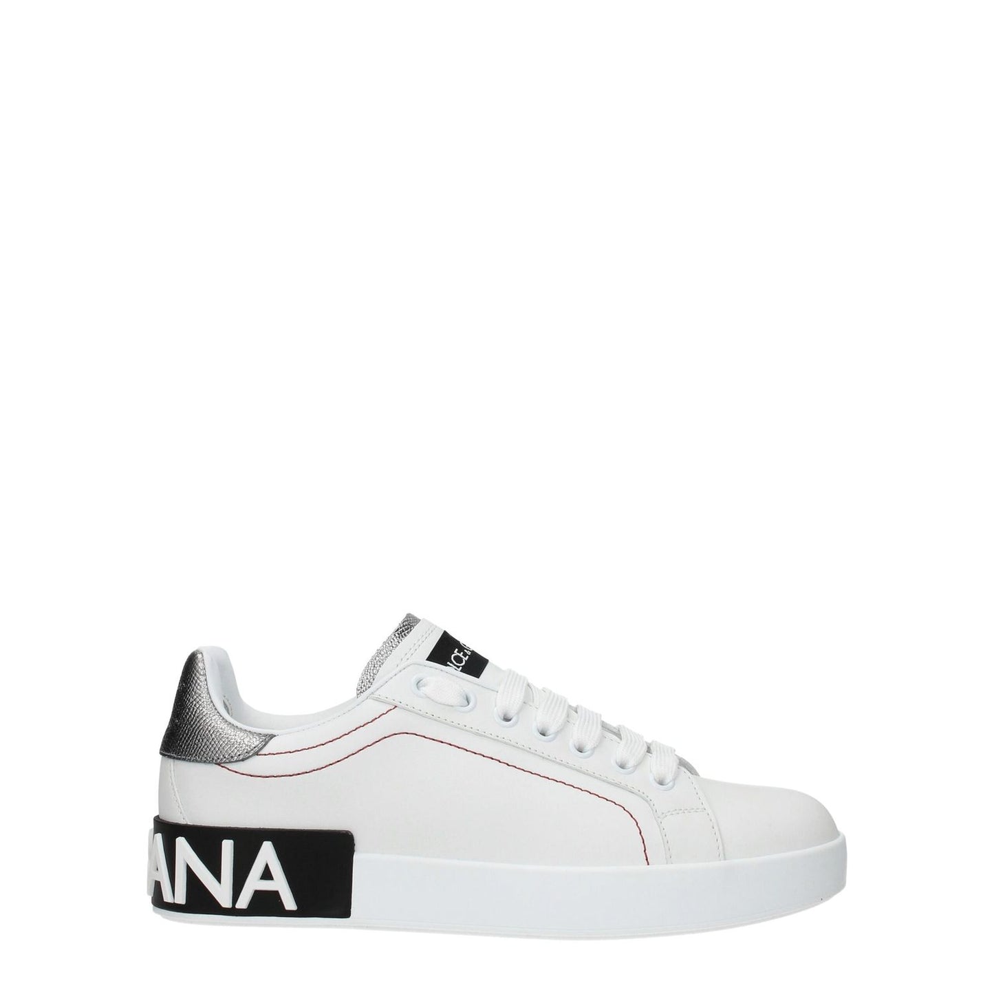 Dolce & Gabbana White Leather Low Top Sneakers with front and back logos, sporty glam style, round toe, silver accents, rubber sole.