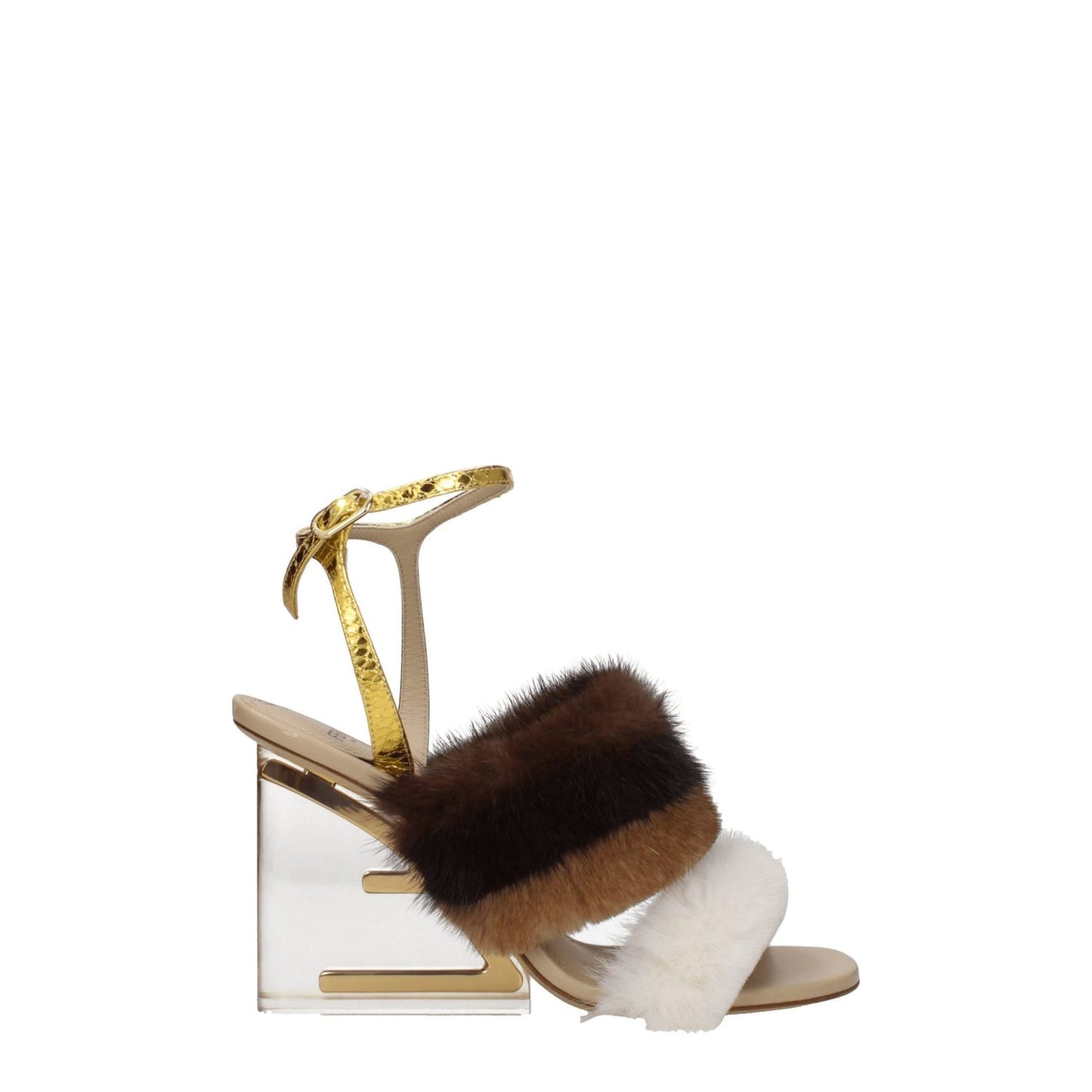Fendi Brown Mink Strap-On Sandals with gold accents, vintage effect, high heel, open toe, side logo, and buckle closure.