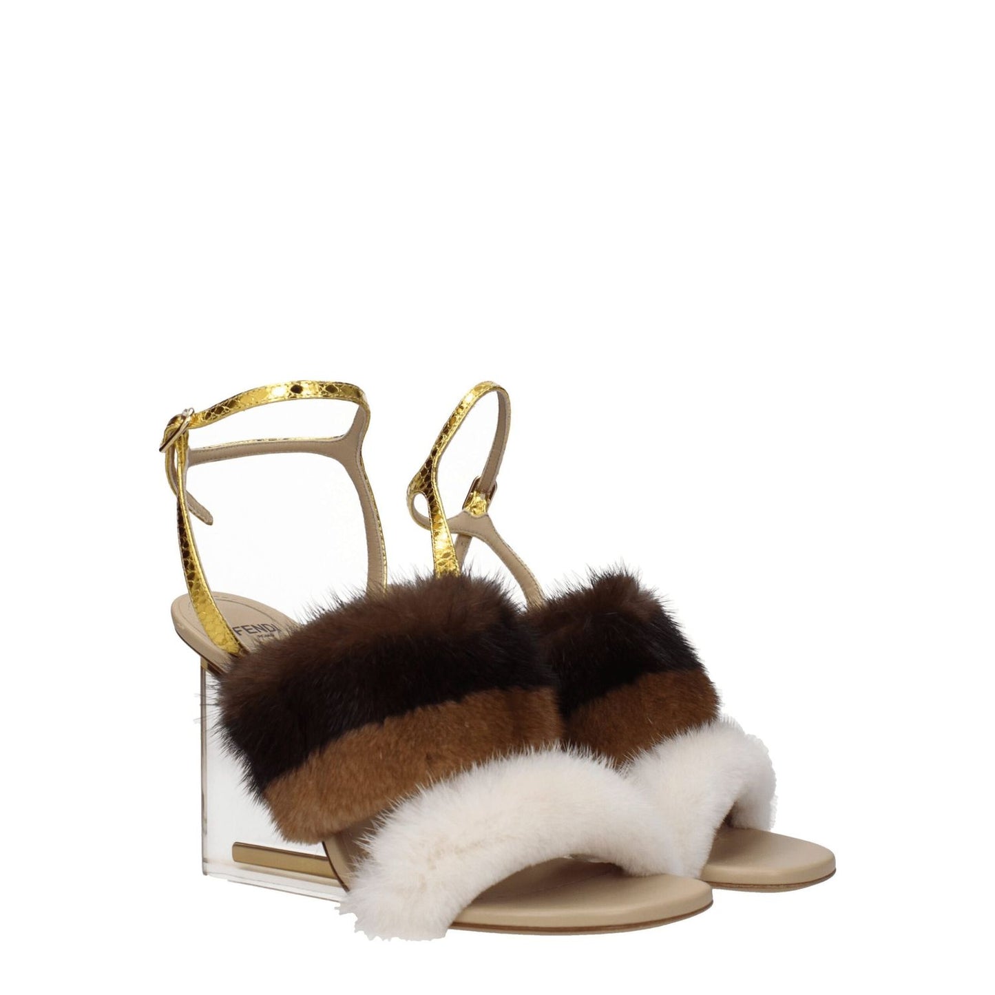 Fendi Brown Mink Strap-On Sandals with gold buckle, open toe, high heel, vintage effect, made of snake leather and mink accents.
