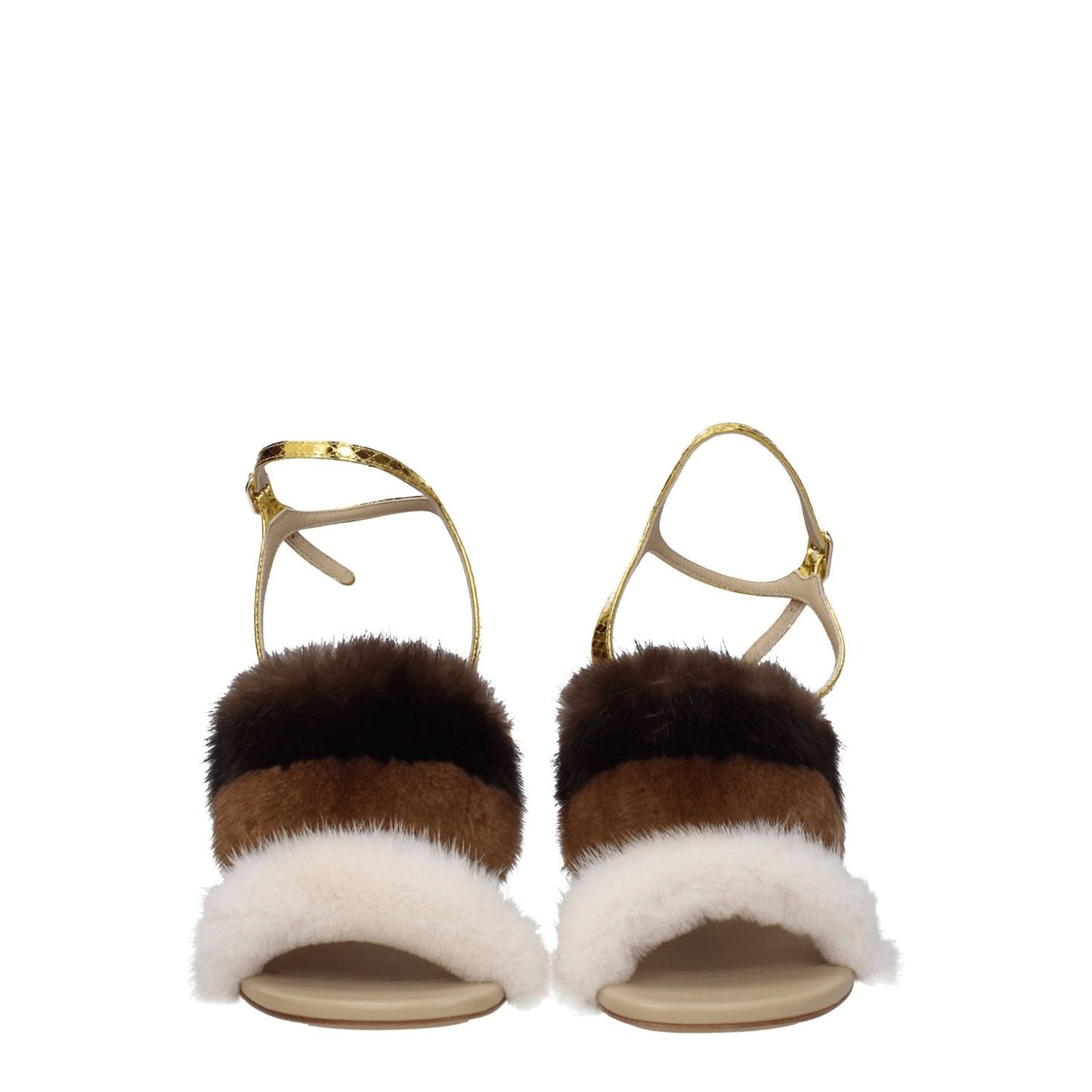 Fendi Brown Mink Strap-On Sandals with high transparent heel and gold buckle closure, featuring a vintage effect and open toe design.