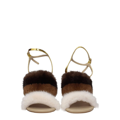 Fendi Brown Mink Strap-On Sandals with high transparent heel and gold buckle closure, featuring a vintage effect and open toe design.