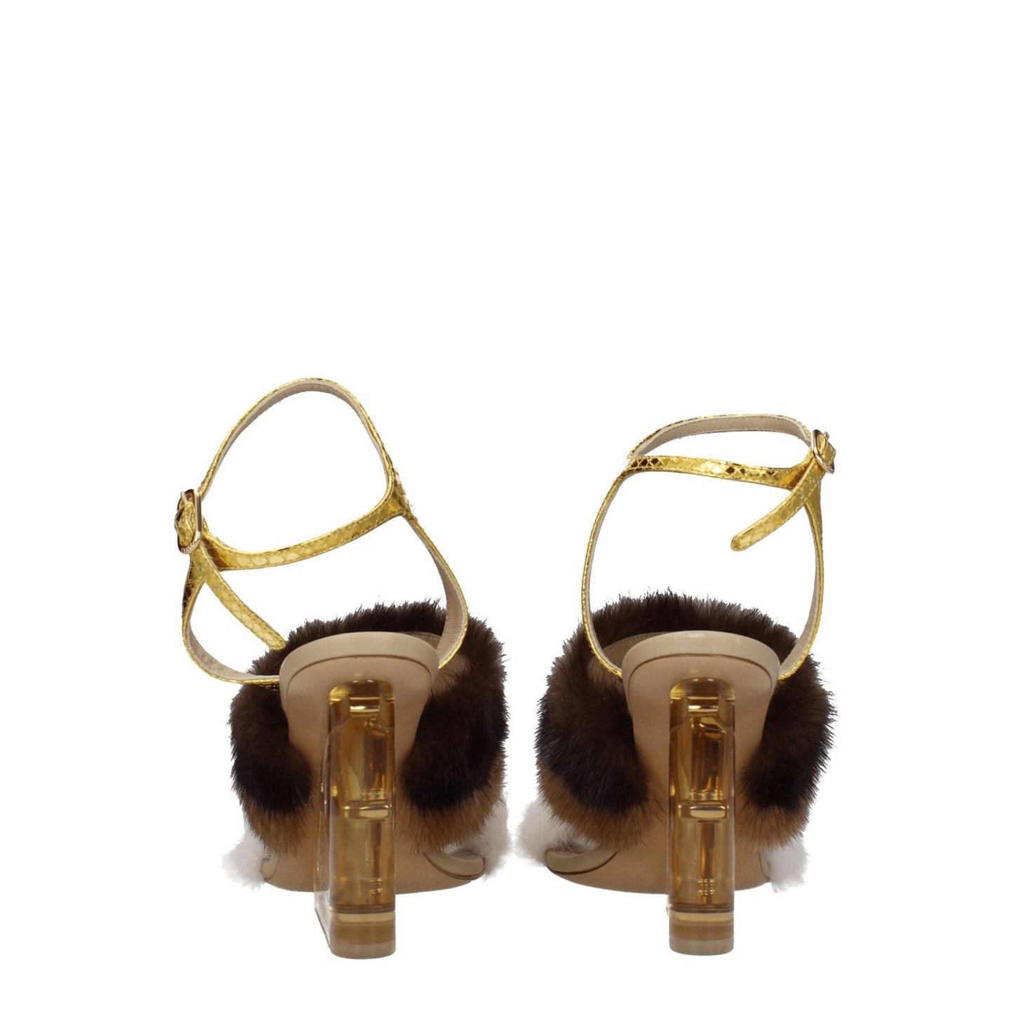 Fendi Brown Mink Strap-On Sandals with buckle closure, high heel, open toe, featuring vintage effect and side logo.
