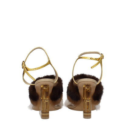 Fendi Brown Mink Strap-On Sandals with buckle closure, high heel, open toe, featuring vintage effect and side logo.