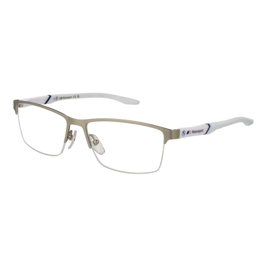 BMW Motorsport Silver Men Glasses Frame, half-rim metal rectangle design with demo lenses, includes branded case.