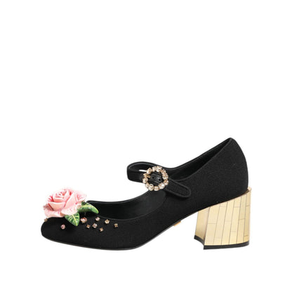 Dolce & Gabbana Black Flower Crystal Embellished Mary Jane Shoes