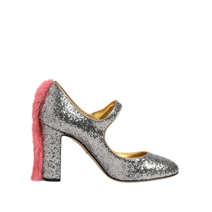 Dolce & Gabbana Silver Glitter Mink Fur VALLY Pump Shoes