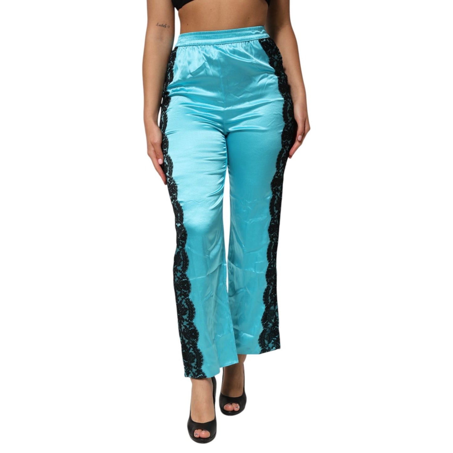 Dolce & Gabbana Blue Silk Garterized Straight Women Pajama Pants