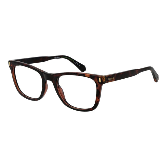 Polaroid Brown Women Glasses Frame, full-rim rectangle style with demo lenses, polyester material, stylish for women.