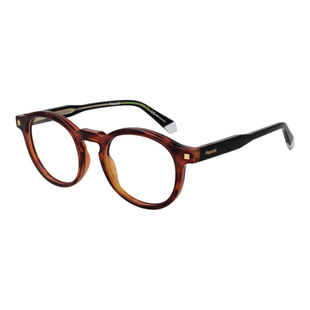 Polaroid Brown Men Glasses Frame with full-rim cellulose propionate frame, spring hinges, round style, and plastic demo lenses.