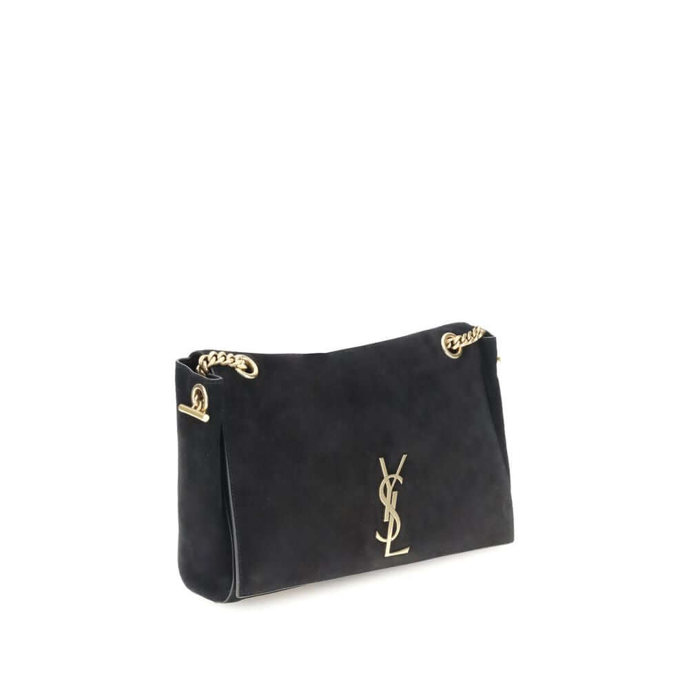Saint Laurent Black Calf Leather Bos Taurus Shoulder Bag with suede finish, iconic monogram, and sliding chain strap.