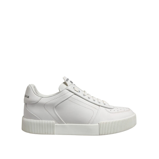 Dolce & Gabbana White Miami Leather Low Top Sneakers Shoes, white calfskin with rubber soles, logo details, minor glue marks visible.