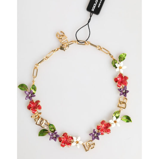 Dolce & Gabbana Gold Brass Logo Detail Floral Fashion Jewelry Necklace SMY11180