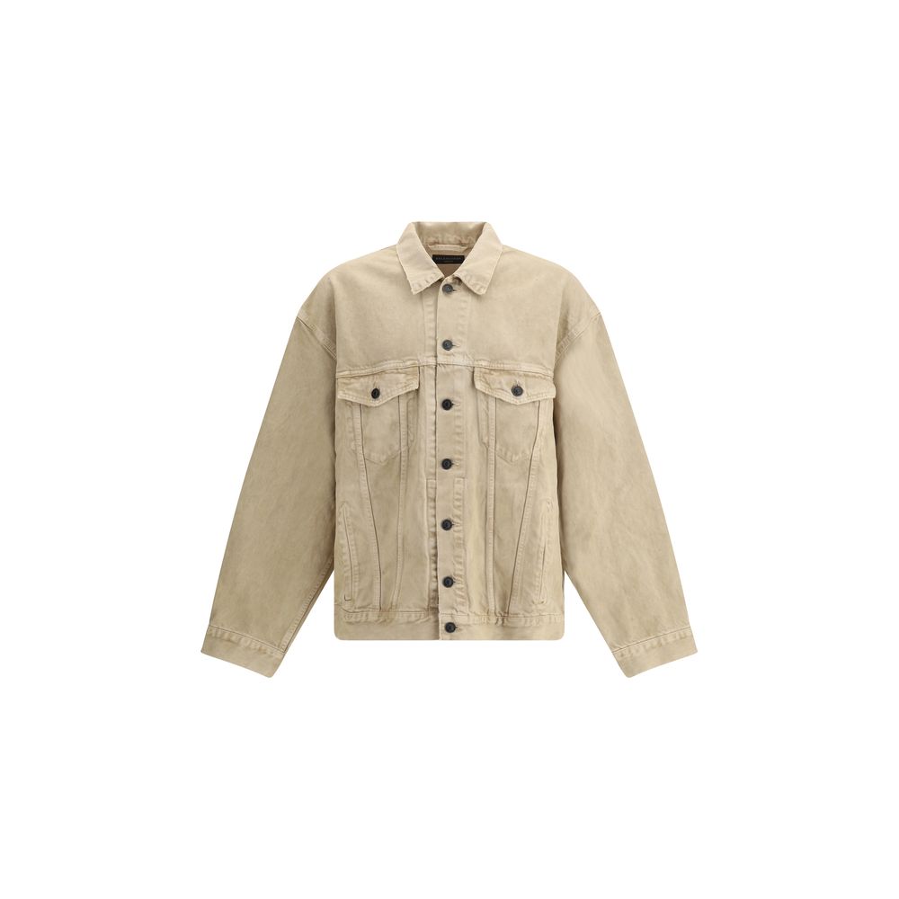 Balenciaga Beige Cotton Denim Jacket with 7-button closure, embroidered logo, and adjustable cuffs. AW25 Collection, oversized fit.