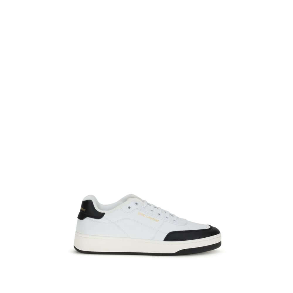 Saint Laurent White Calf Leather Bos Taurus Low Top Sneakers with suede details, flat sole, and logo on side and heel.