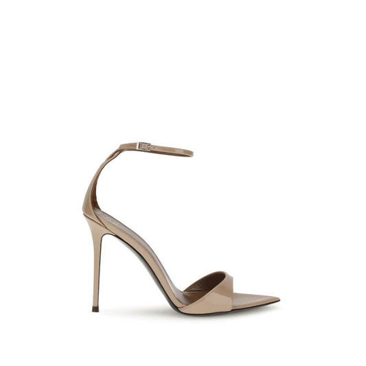 Giuseppe Zanotti Beige Leather Stiletto Heel Sandals with pointed open-toe and silver-tone metal strap, elegant evening footwear.