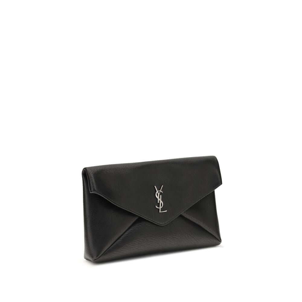 Saint Laurent Black Calf Leather Bos Taurus Clutch Bag with silver logo and envelope style design.