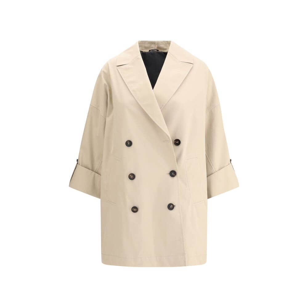 Brunello Cucinelli Beige Cotton Coat with wide lapel, double-breasted closure, and jewel detail. Women's fashion Autumn Winter 2025.