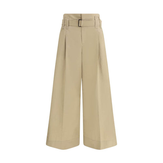 Brunello Cucinelli Beige Cotton Cropped Pants, elegant pleated design with wide leg and draw belt for a sophisticated look.