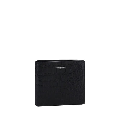 Saint Laurent Black Calf Leather Bos Taurus Wallet front view, features embossed brand monogram, card and bill slots, 100% calf leather.