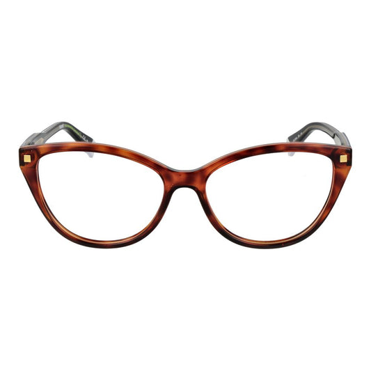 Polaroid Brown Women Glasses Frame, full-rim cat eye style with cellulose propionate material, size 55-11-145, brown frame and demo lenses.