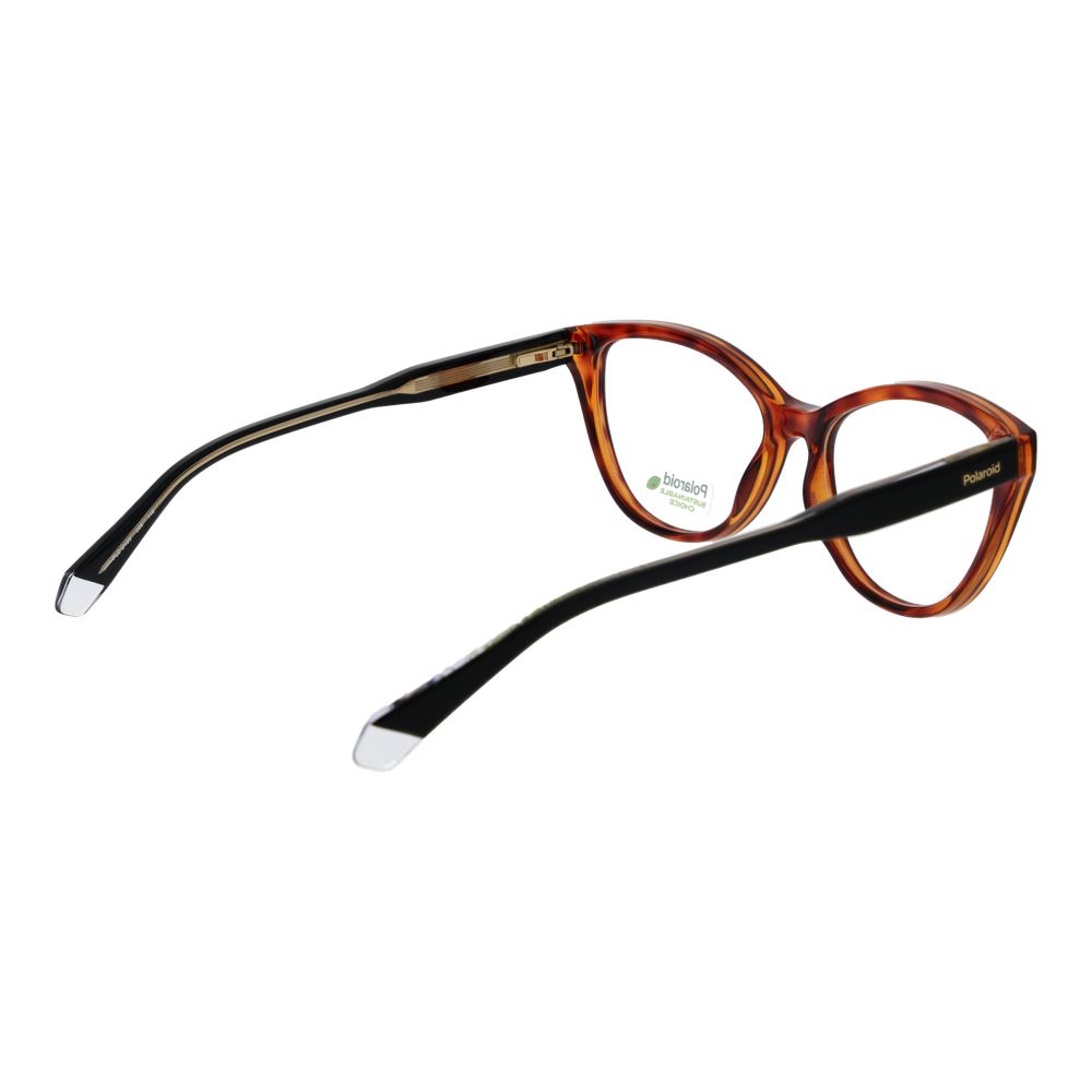 Polaroid Brown Women Glasses Frame in cellulose propionate, full-rim cat eye style with demo lenses, size 55-11-145.